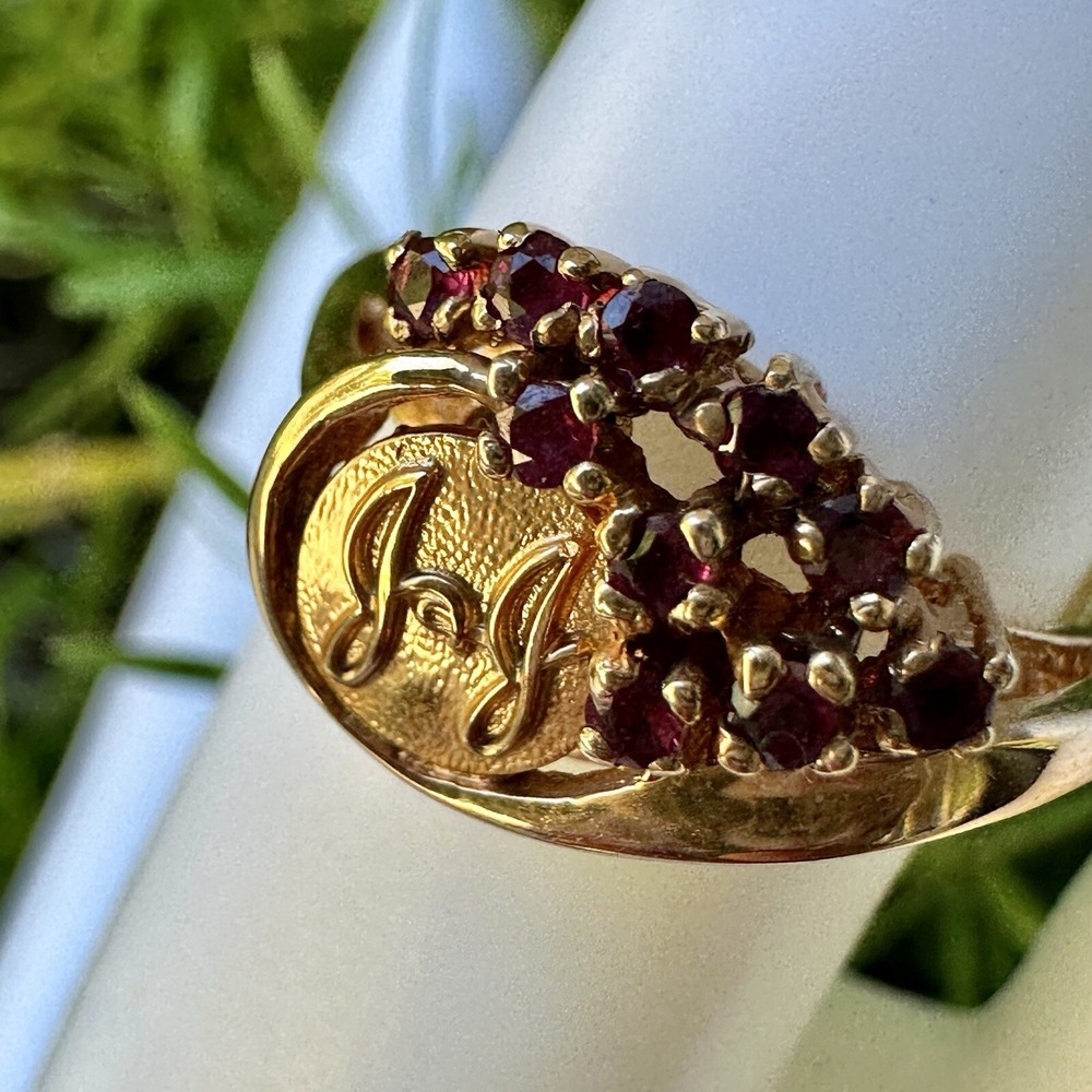 Vintage Jostens Statement Ring Stamped 14k Gold Ruby Cluster Sz 7.5 JJ Logo 3.8g